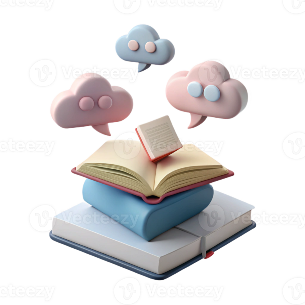 Open Book with Speech Bubbles and Stacked Books png
