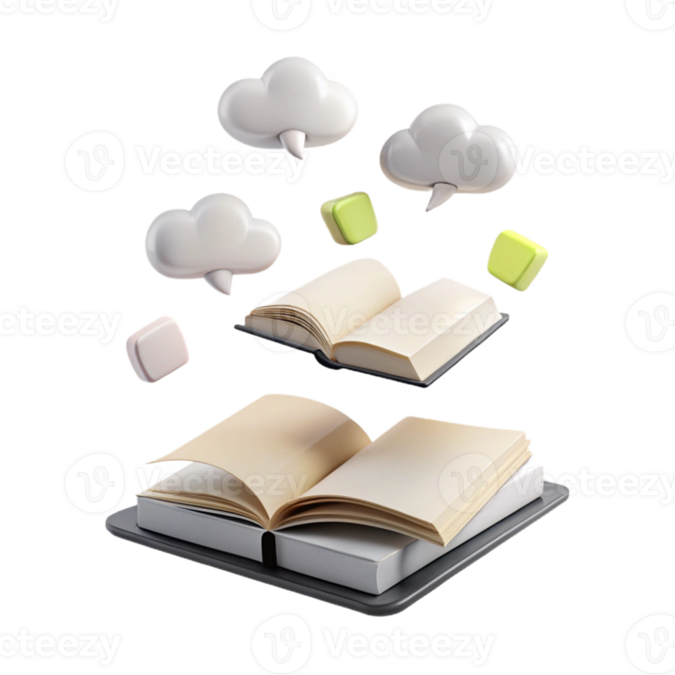 Open Book with Floating Clouds and Speech Bubbles png