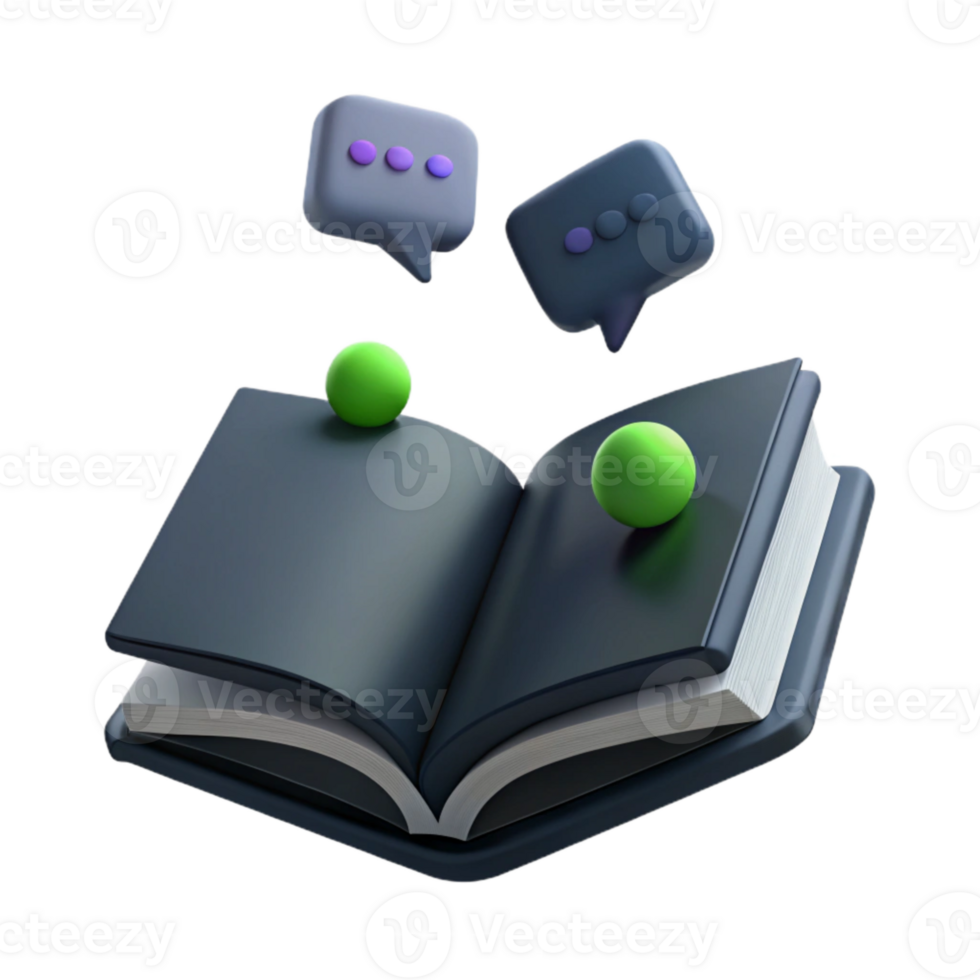 Open Book with Chat Bubbles and Spheres 3D Illustration png