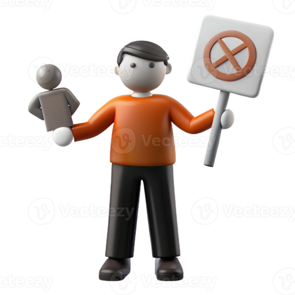 3D Illustration of a Person Holding a Sign with a No Symbol and a Miniature Figure png