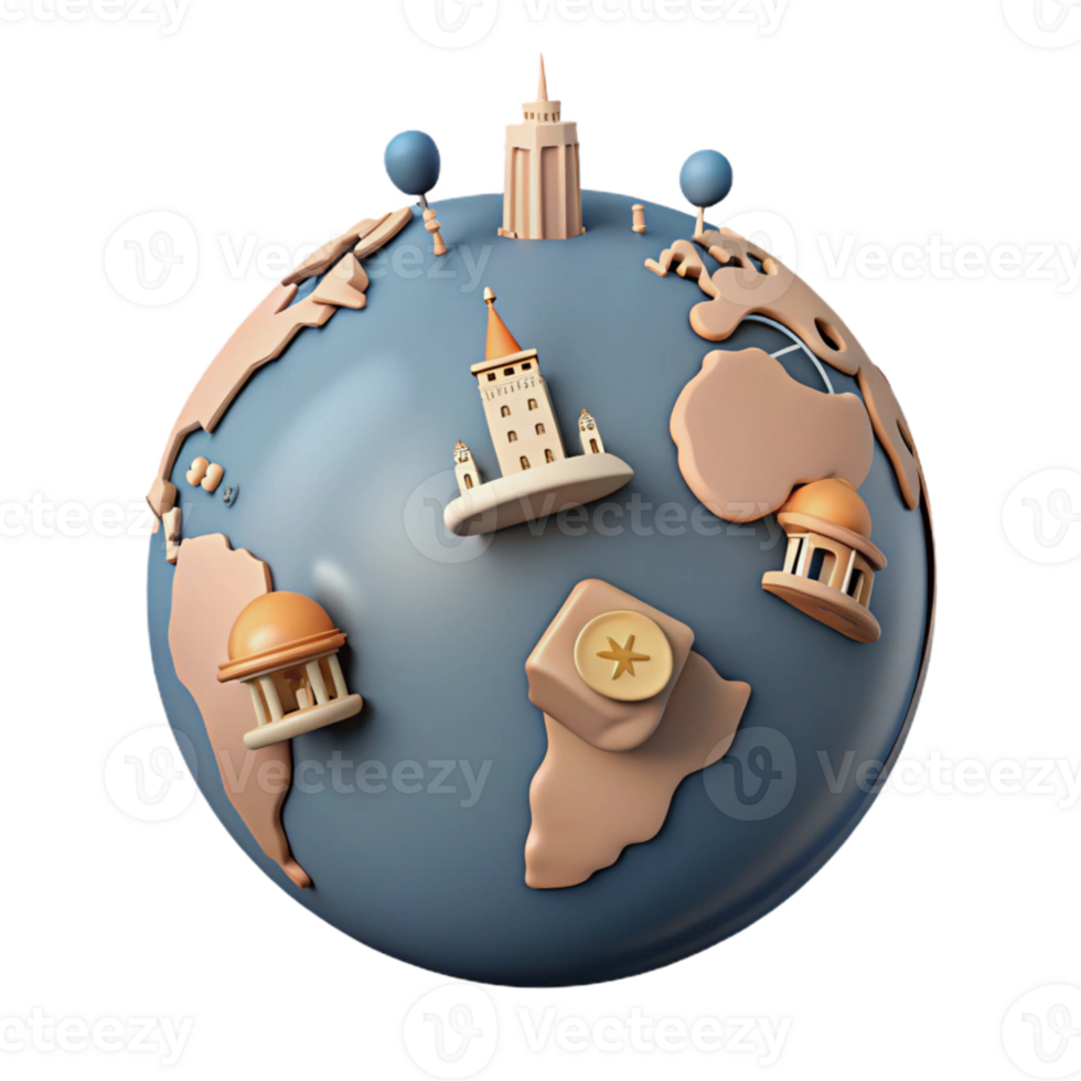 3D Globe Illustration with Famous Landmarks png