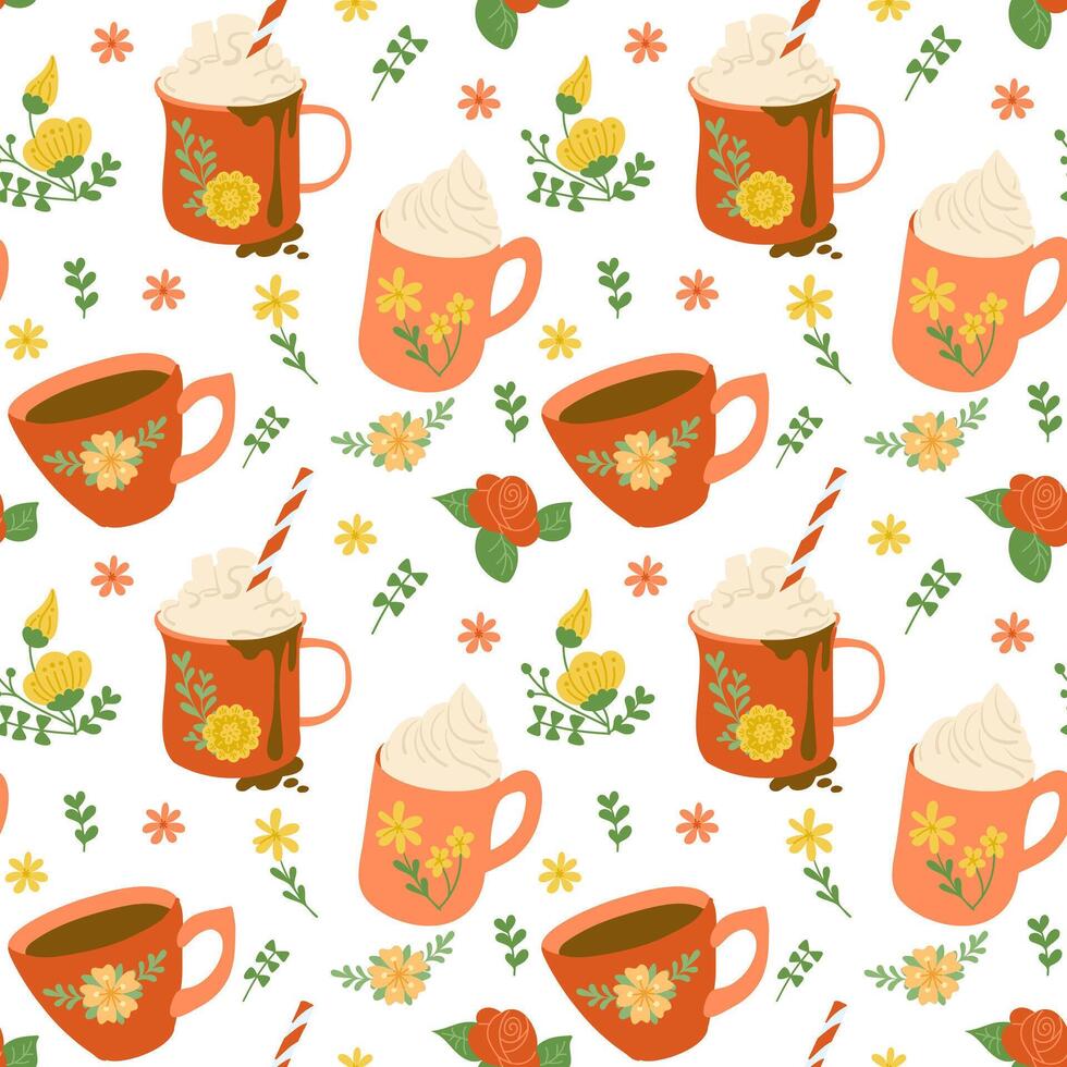 Seamless pattern of floral tea cups and mugs of hot beverages with whipped cream, surrounded by flowers and leaves isolated on white background vector