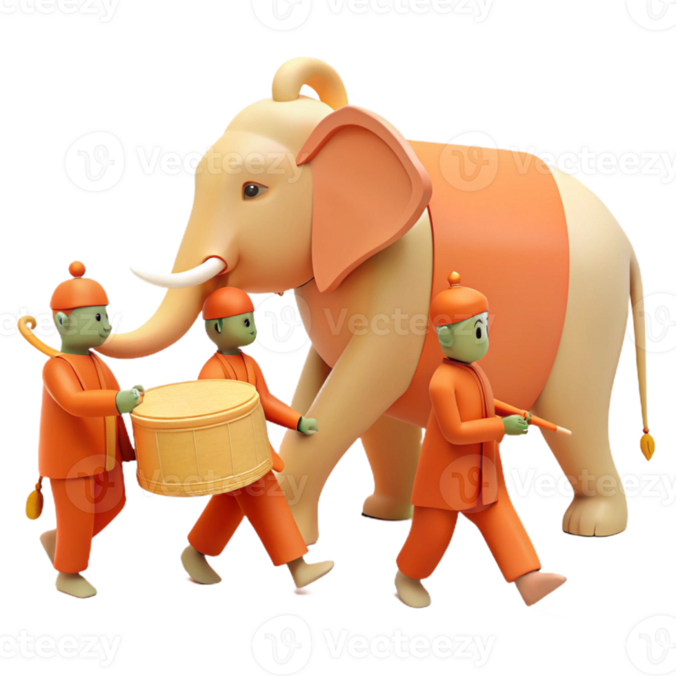 3D Illustration of an Elephant Procession with Drummers png