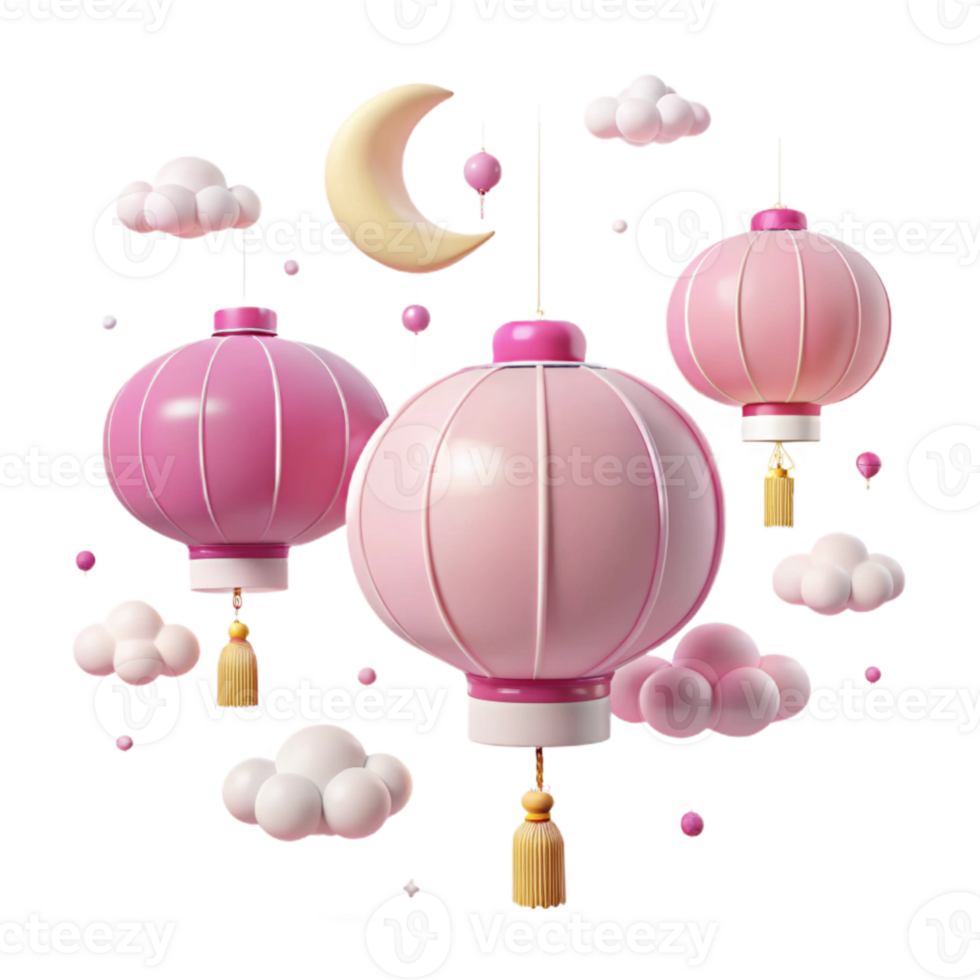 Pink Lanterns Hanging in the Clouds with a Crescent Moon png