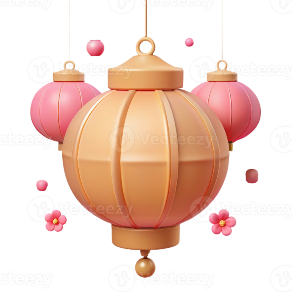 3D Render of Traditional Lanterns with Pink Flowers png