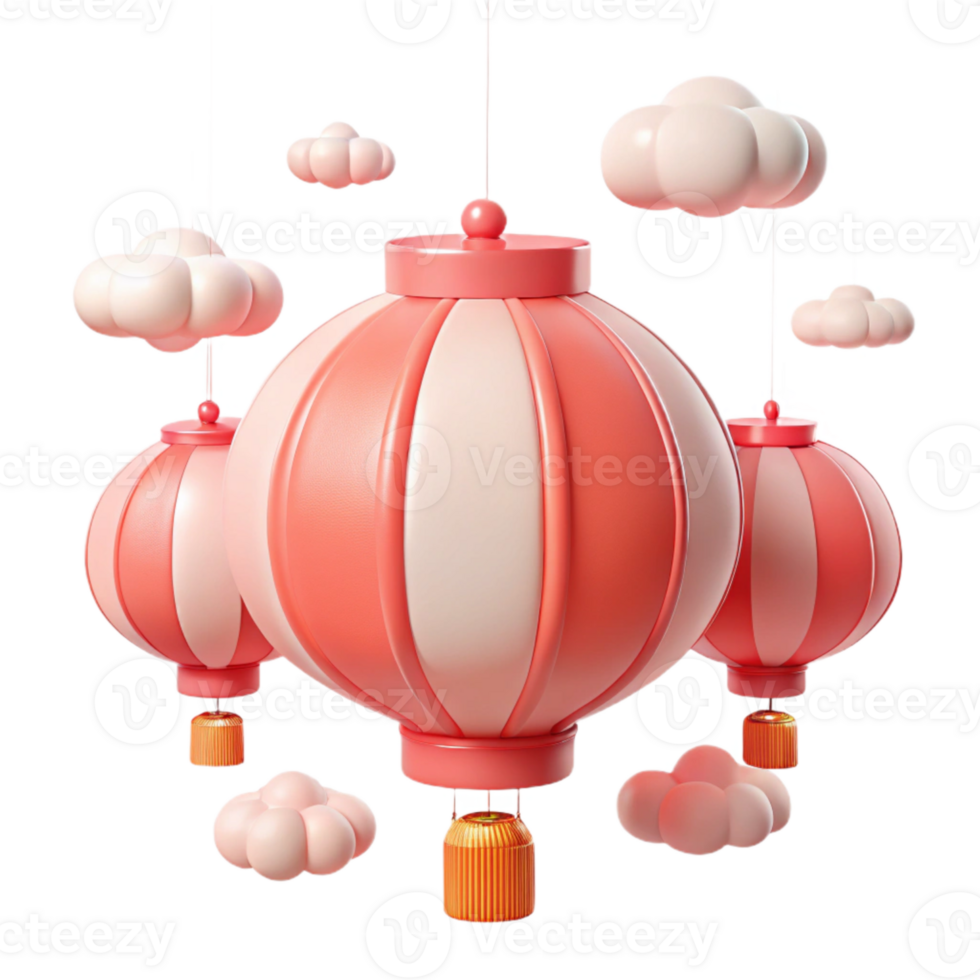 Pink and White Striped Lanterns with Clouds png