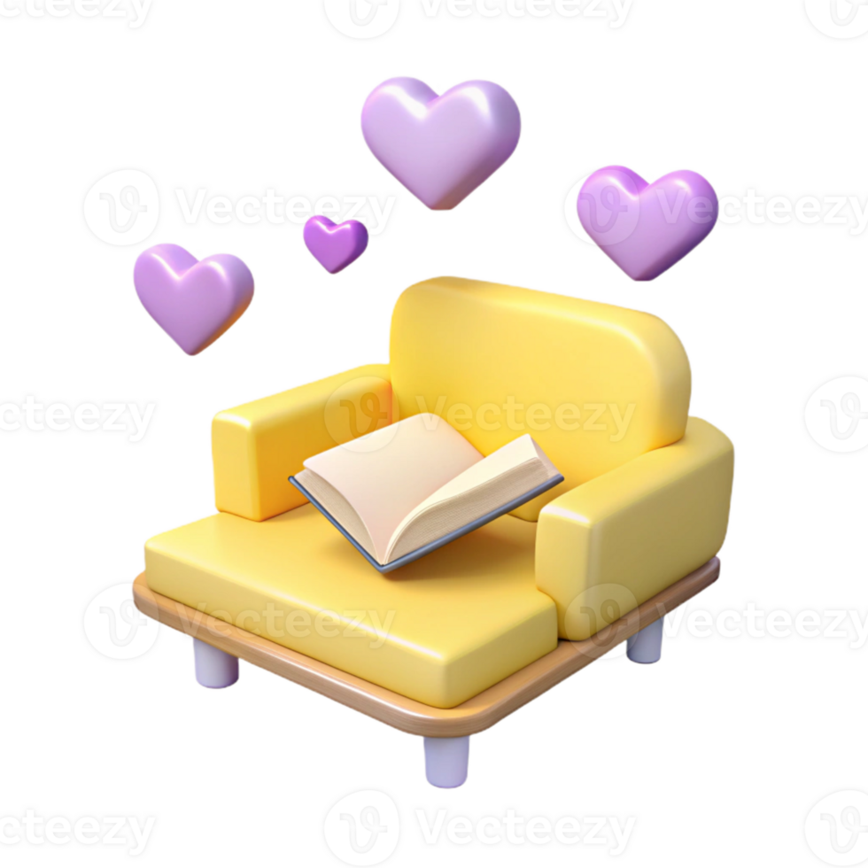 Cozy Chair, Book, Hearts, 3D Illustration png