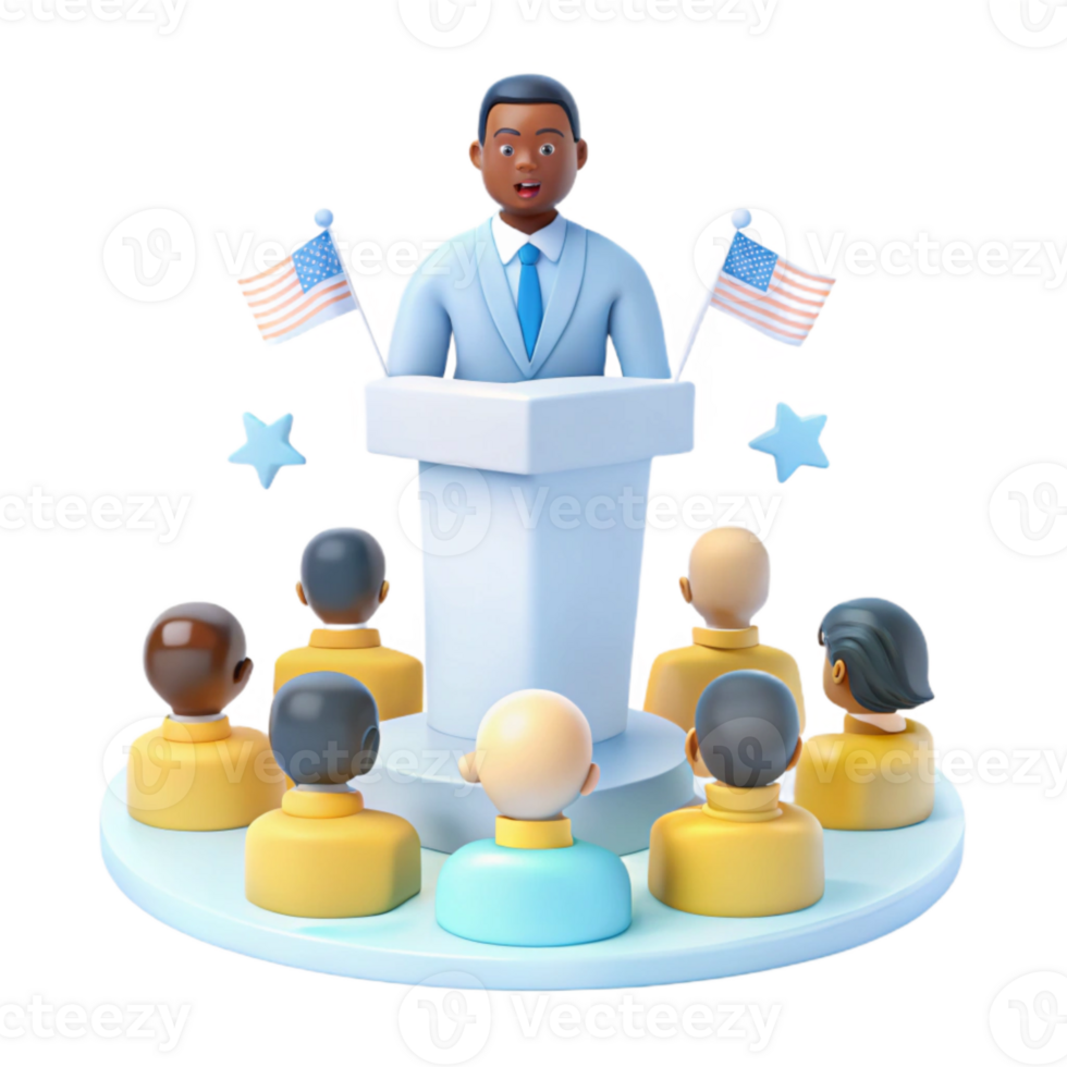 3D Rendering of a Politician Giving a Speech to a Diverse Audience png