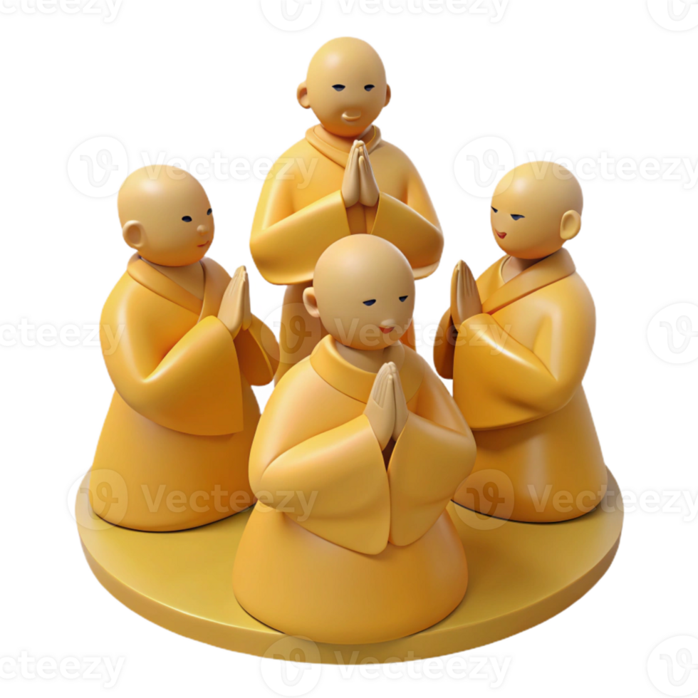 Four Monks Praying in Circle, 3D Render png