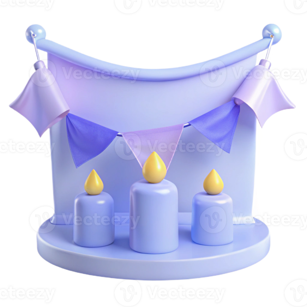 Purple and Yellow 3D Rendered Birthday Cake with Candles and Bunting png