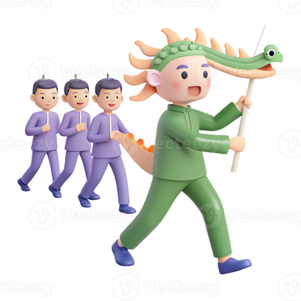 3D Cartoon Illustration of a Man in a Green Dragon Costume Leading Three Men in Purple Outfits png