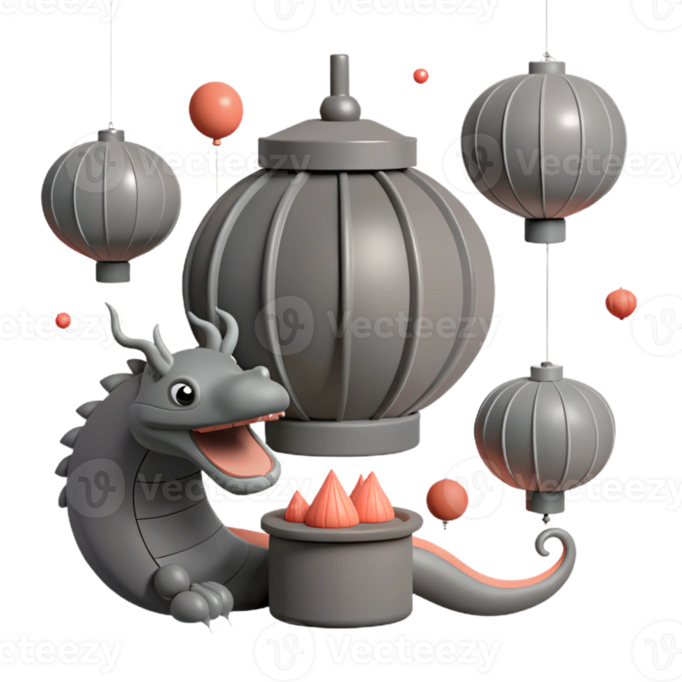 3D Rendered Dragon with Lanterns and Decorations png
