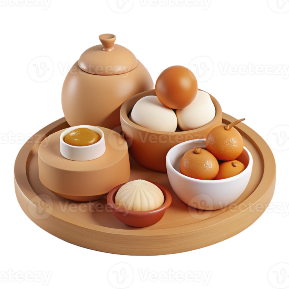 3D Rendered Still Life of Various Foods on Wooden Tray png