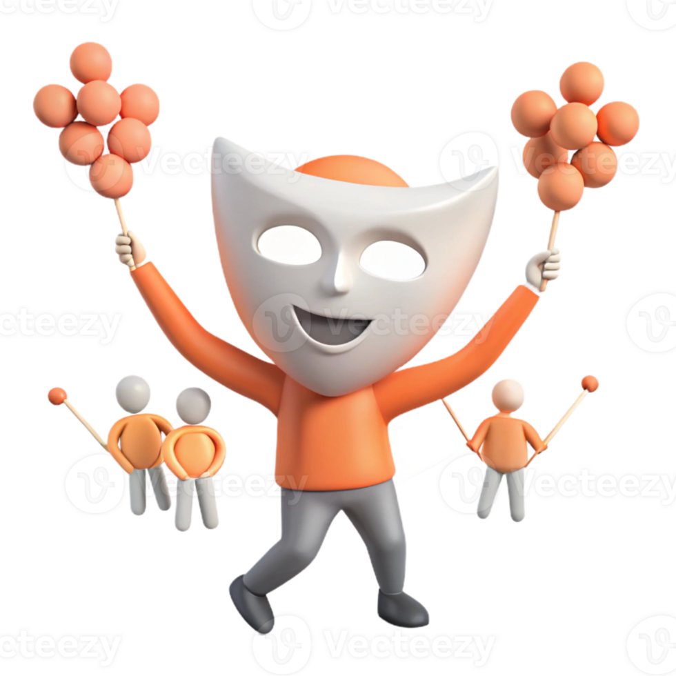 Joyful 3D Character with Mask and Balloons png