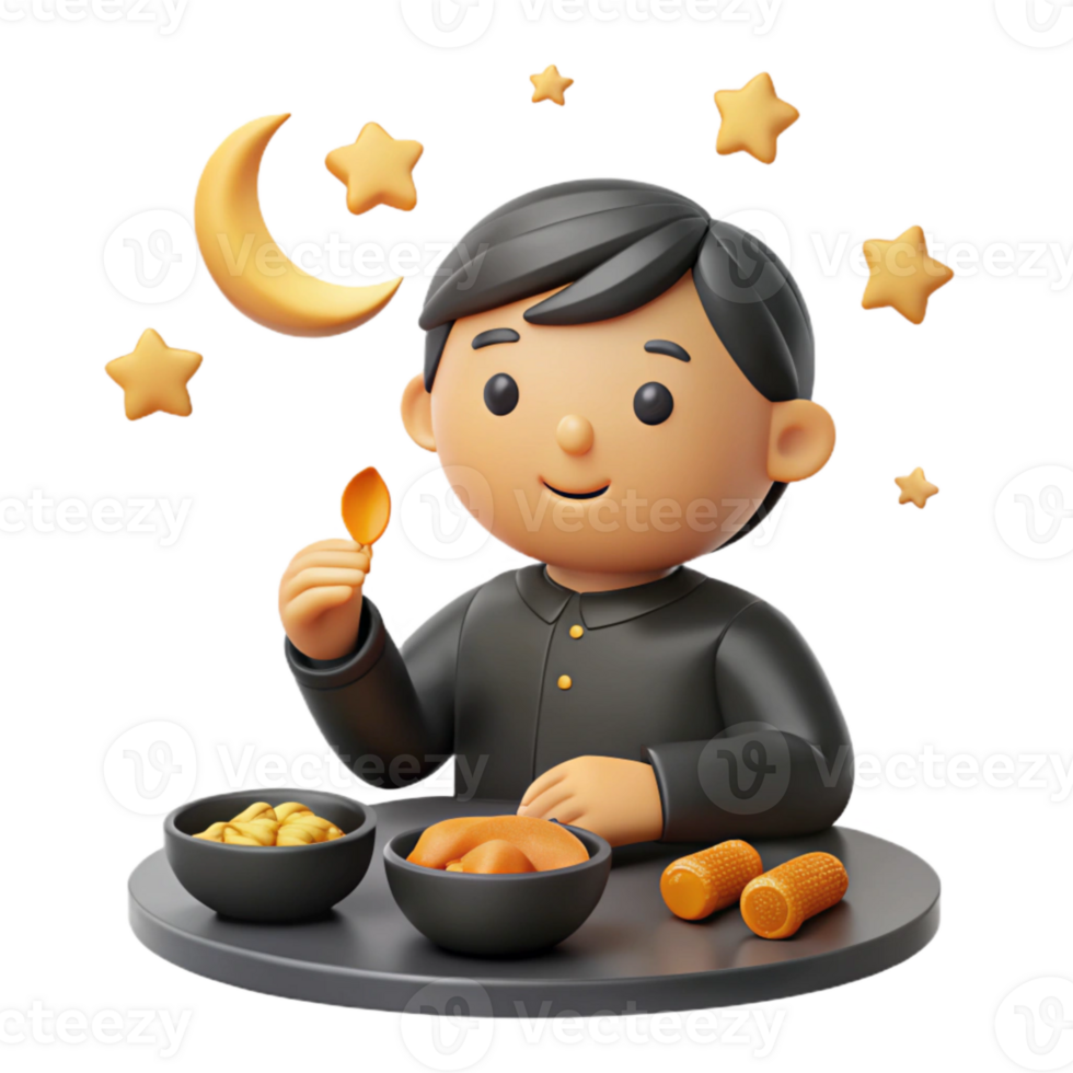 3D Cartoon Character Enjoying a Nighttime Meal png