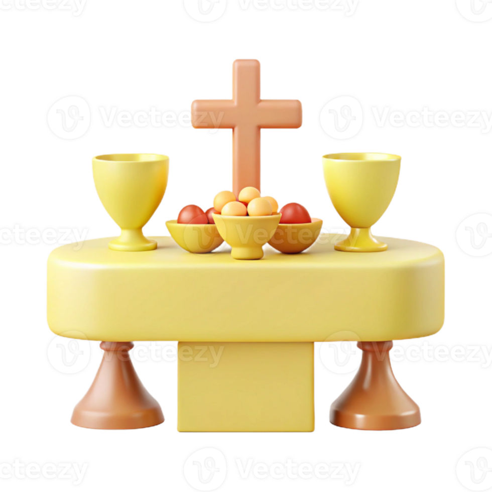 3D Render of a Table Setting with a Cross, Chalices, and Eggs png