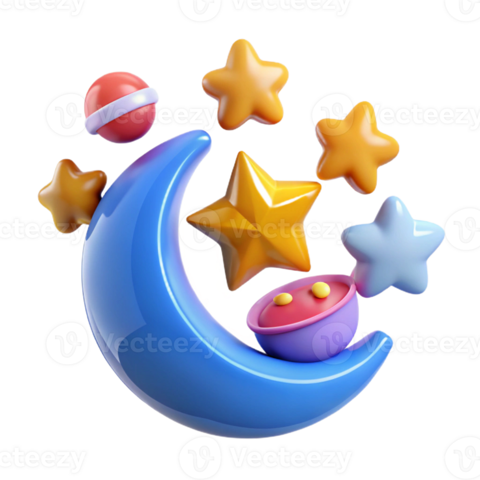 3D Cartoon Moon with Stars png