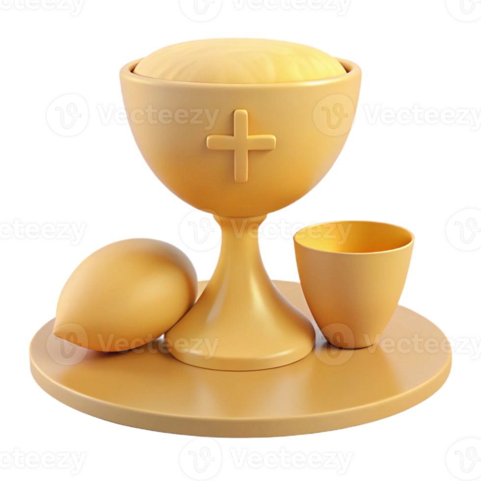 3D Render of a Chalice, Bread, and Cup on a Tray png