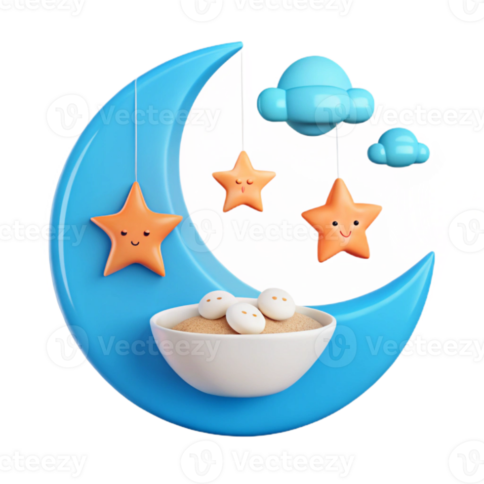 Cute Cartoon Crescent Moon with Stars and a Bowl of Dumplings png