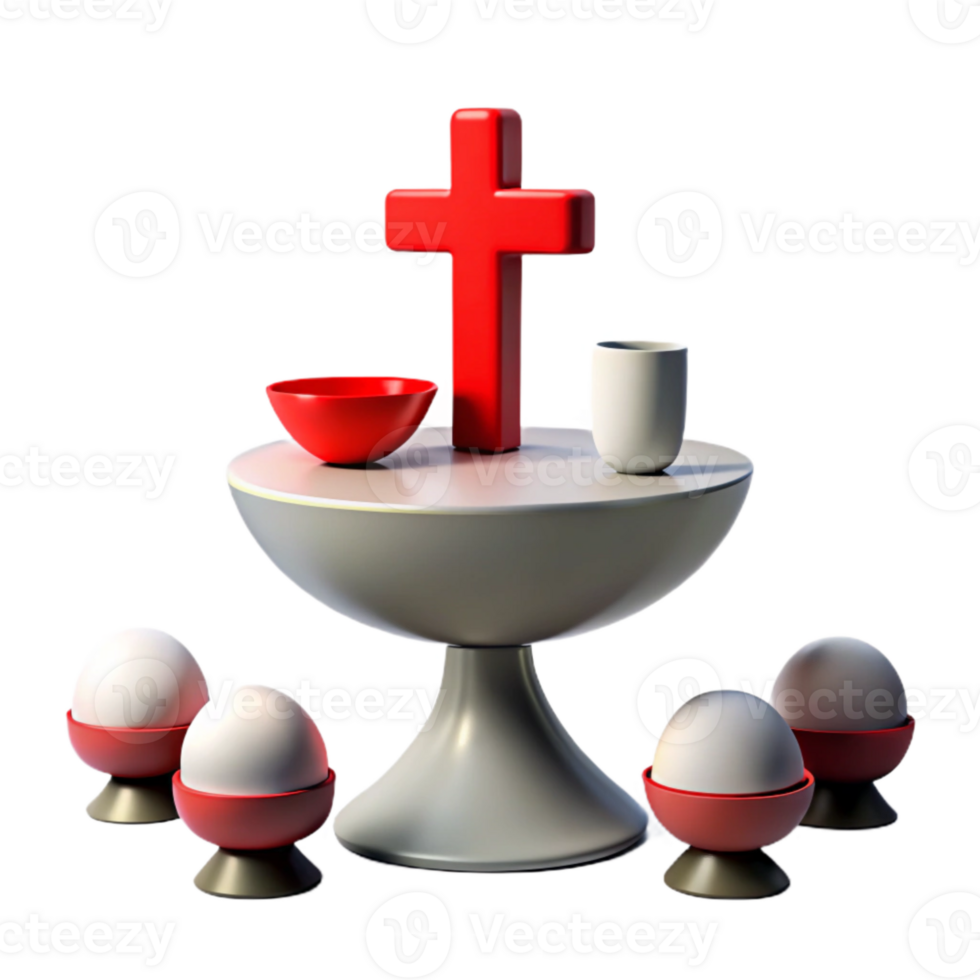 3D Render of a Table Setting with a Cross, Bowl, Cup, and Eggs png