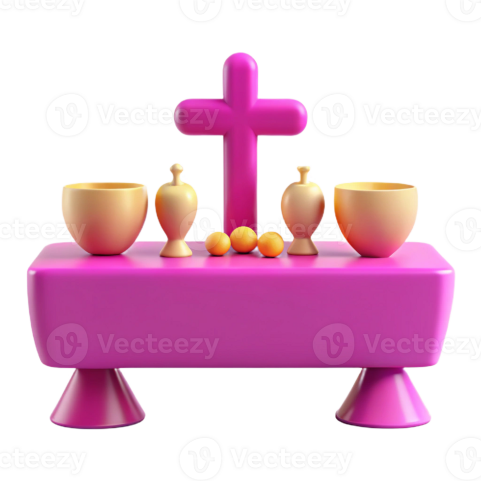 3D Render of a Religious Altar with a Cross and Chalices png