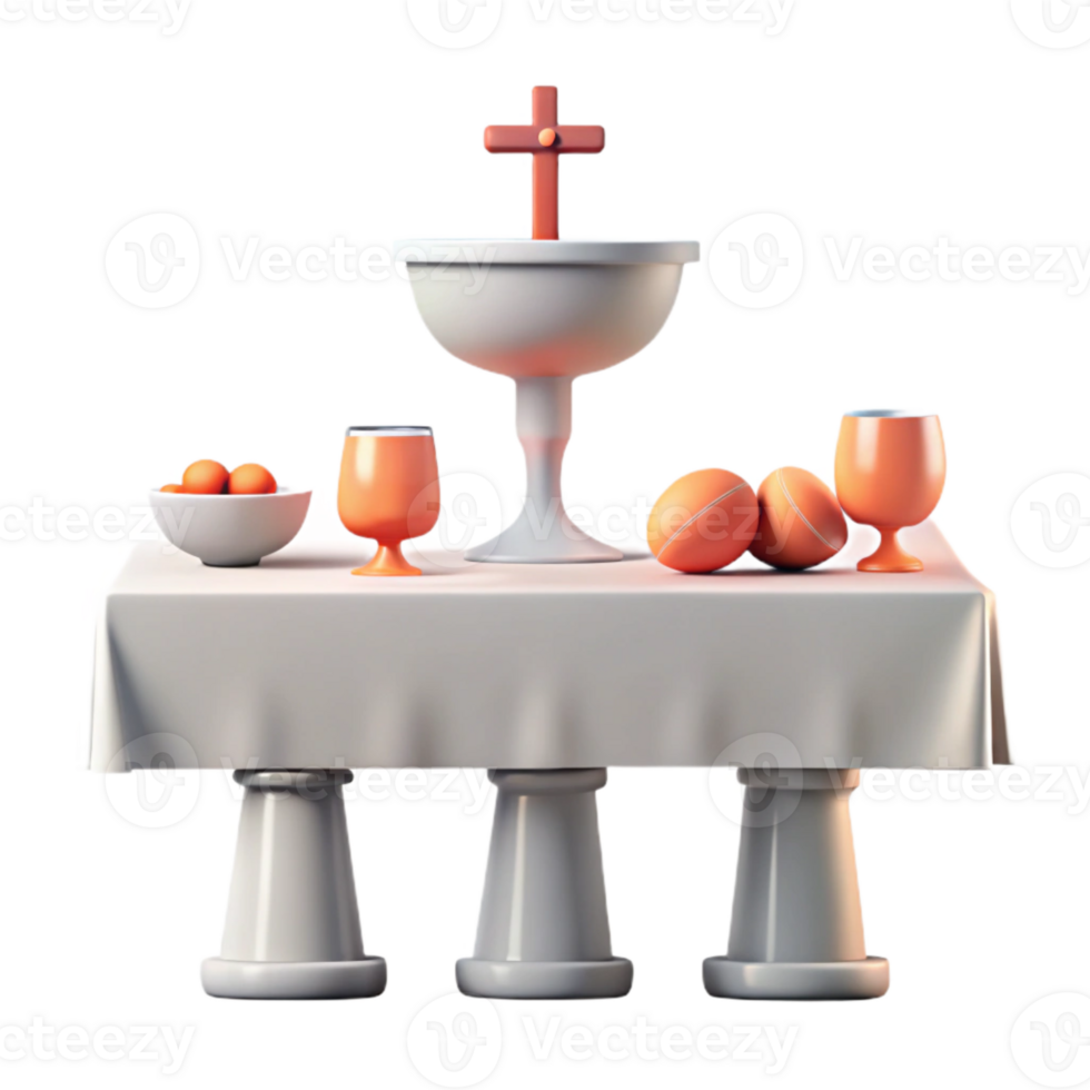 3D Rendered Table Setting with Cross, Chalice, and Fruit png