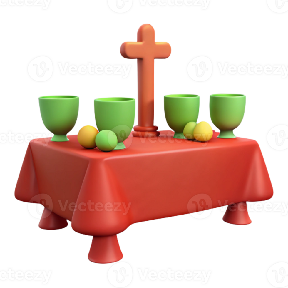 3D Render of a Table with a Cross, Goblets, and Fruit png