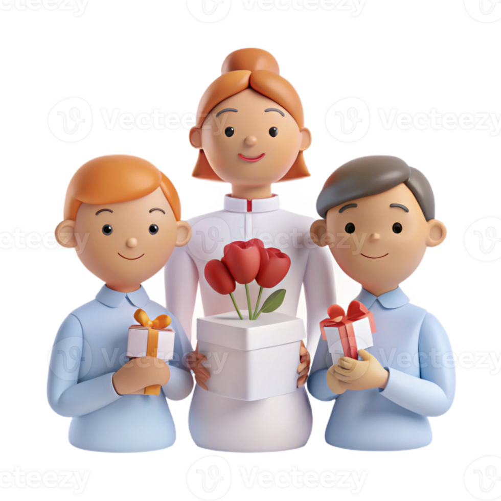 Three Cartoon Characters Holding Gifts and Flowers png
