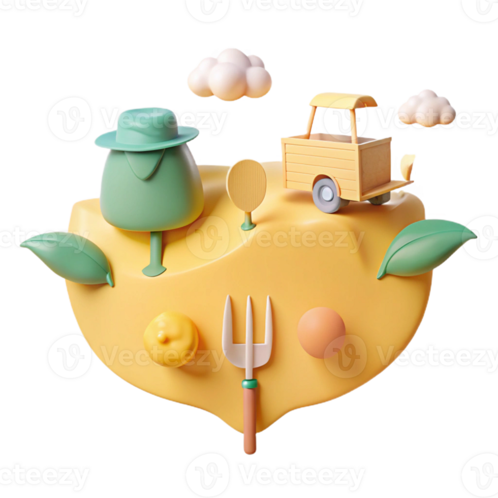 3D Render of Farm Illustration with Truck, Tree, Fork, and Fruit png
