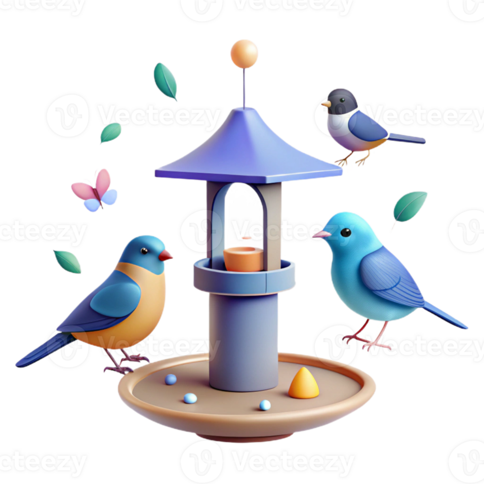 Blue Birds on a Bird Feeder with Leaves and a Butterfly png