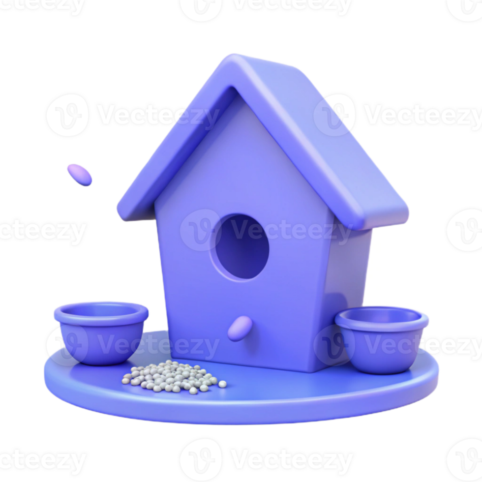 Purple Birdhouse with Birdseed and Bowls png