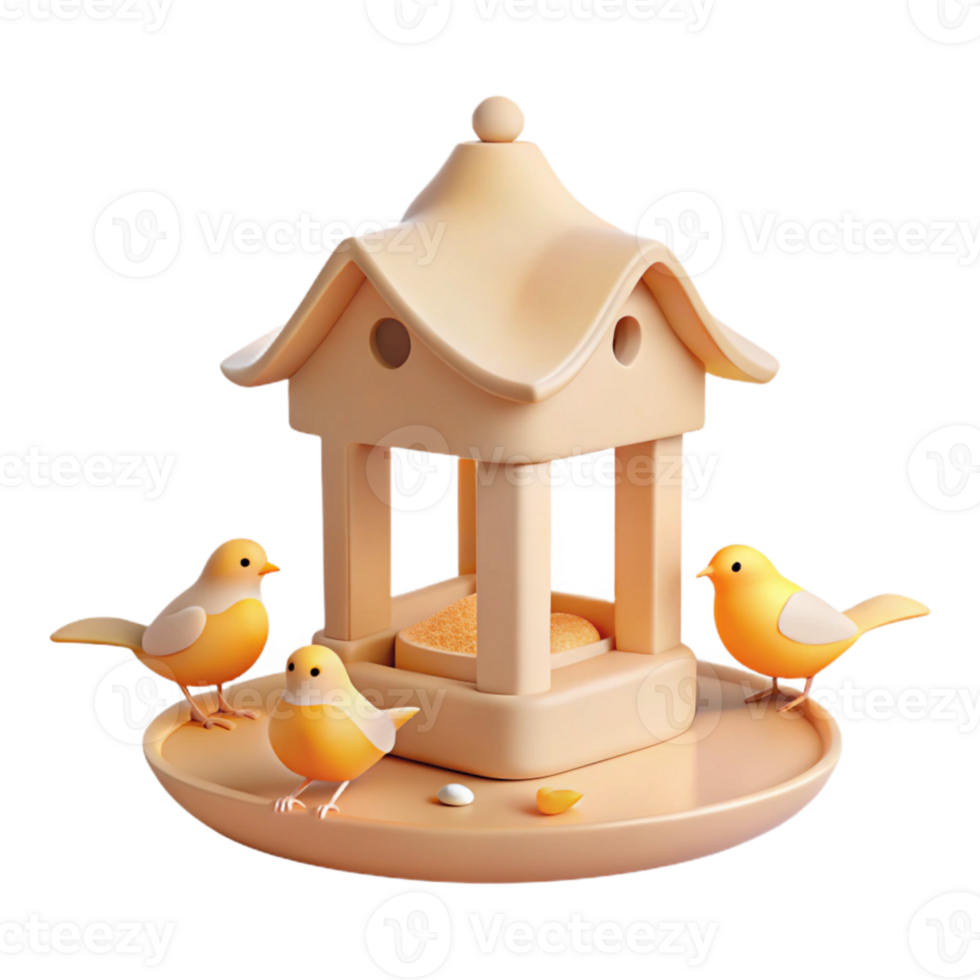 3d render do uma pássaro alimentador com três pássaros png
