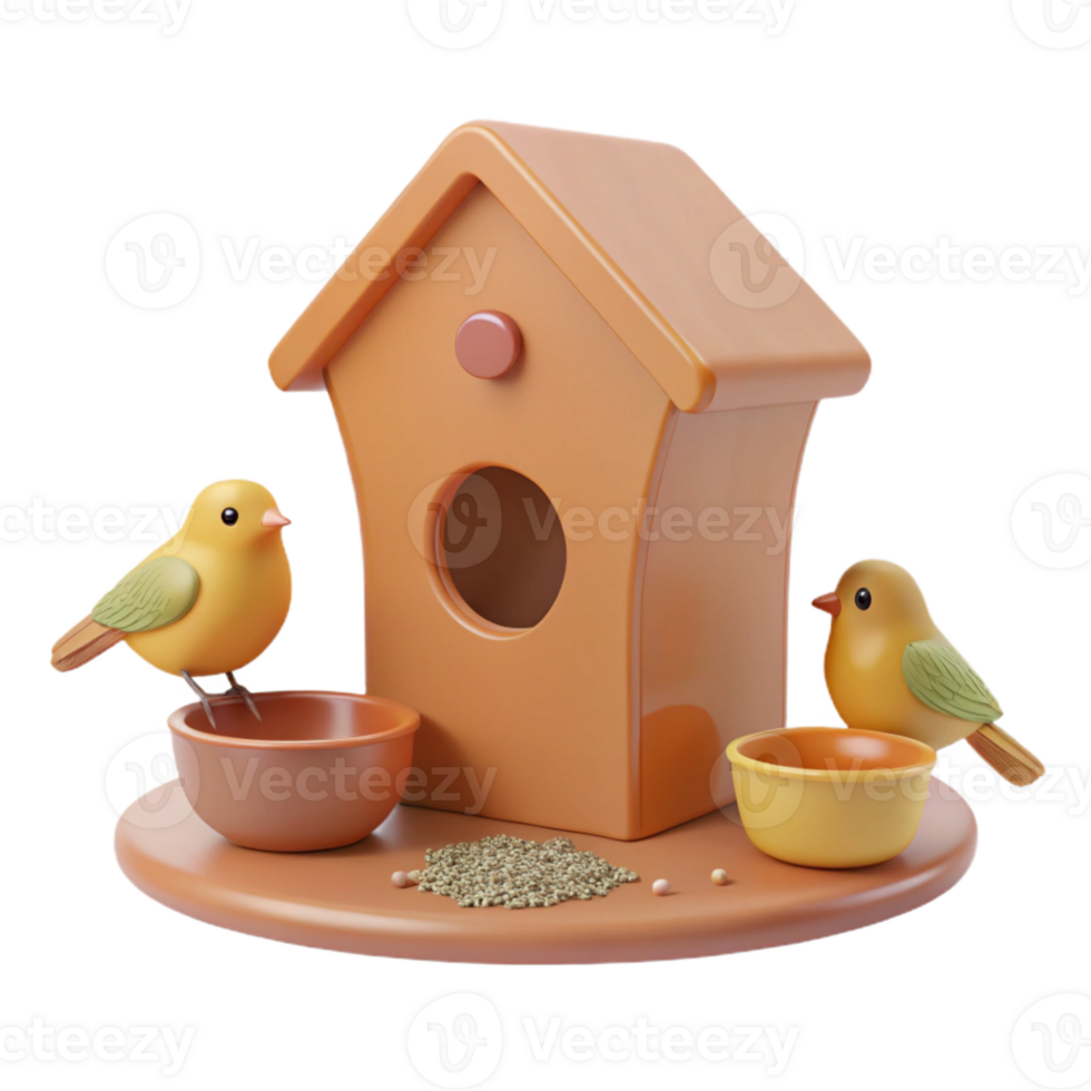 Cute 3D Cartoon Birds at a Birdhouse with Seed png