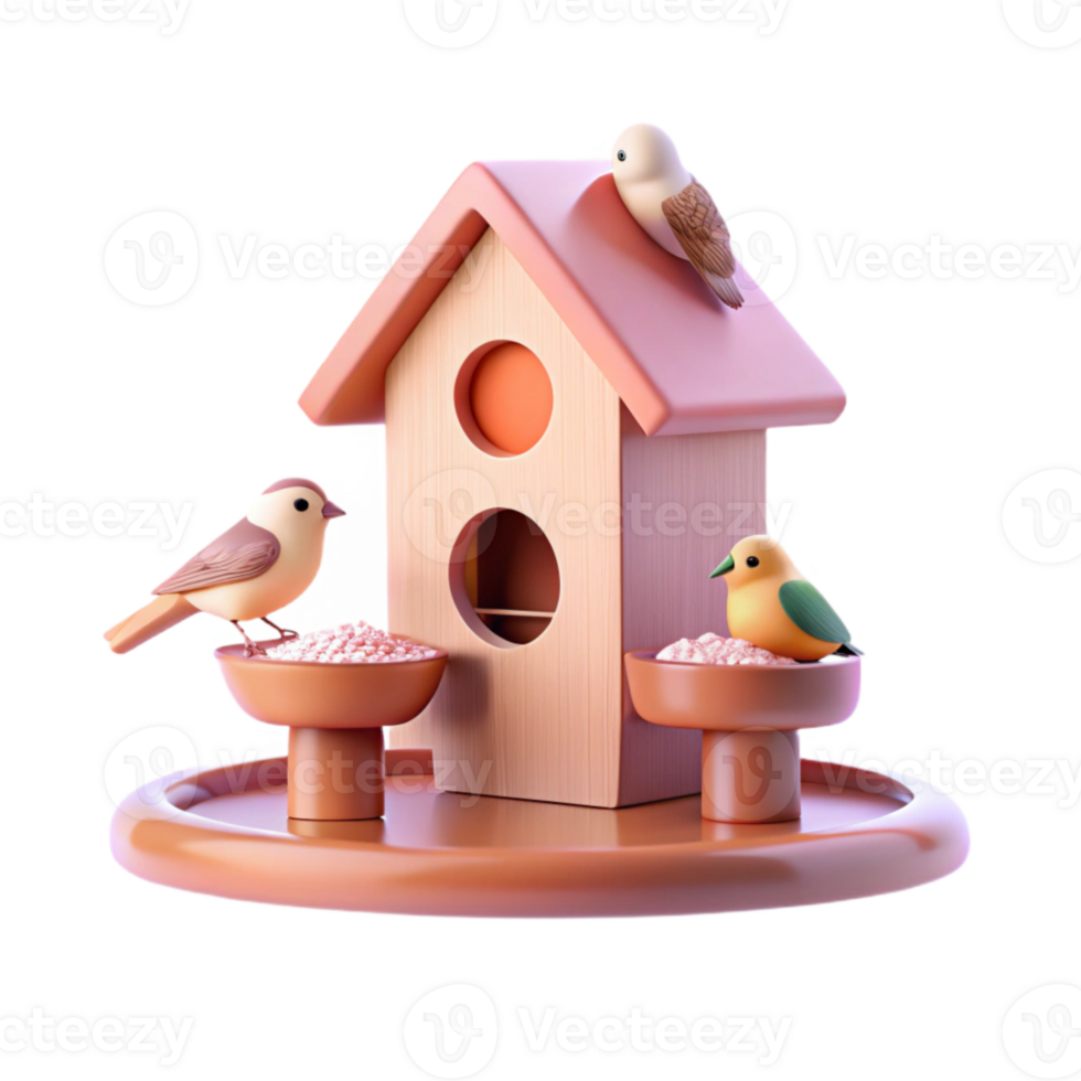 Wooden Birdhouse with Three Birds and Feeders png
