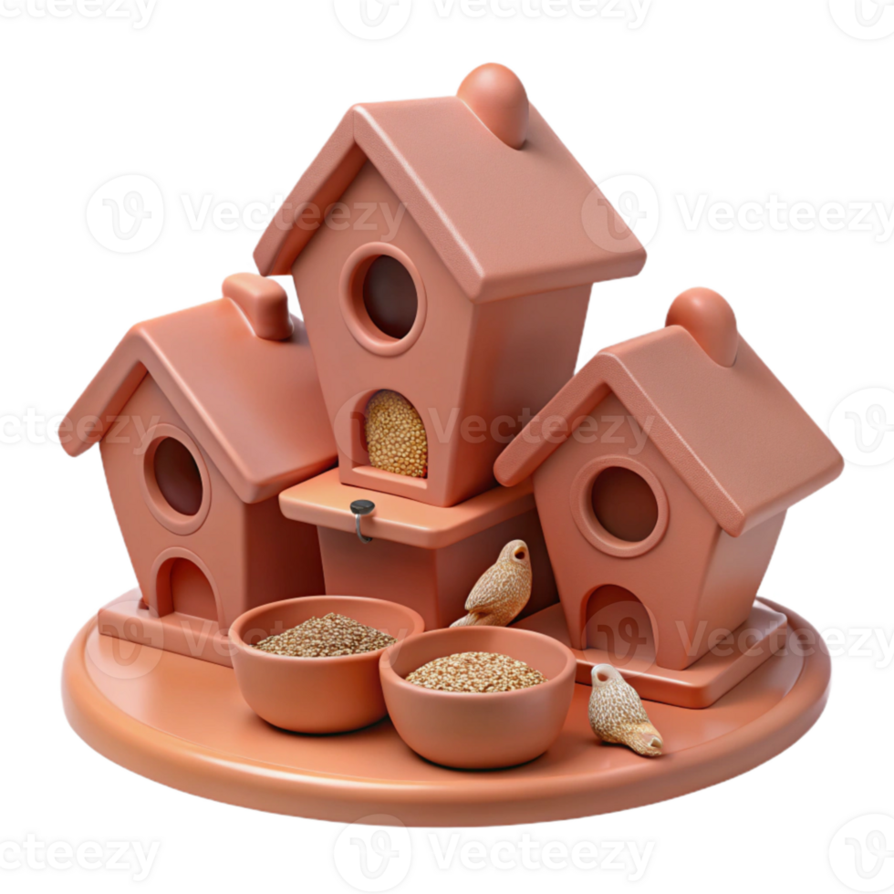 Cute 3D Rendered Birdhouses with Seed Bowls png