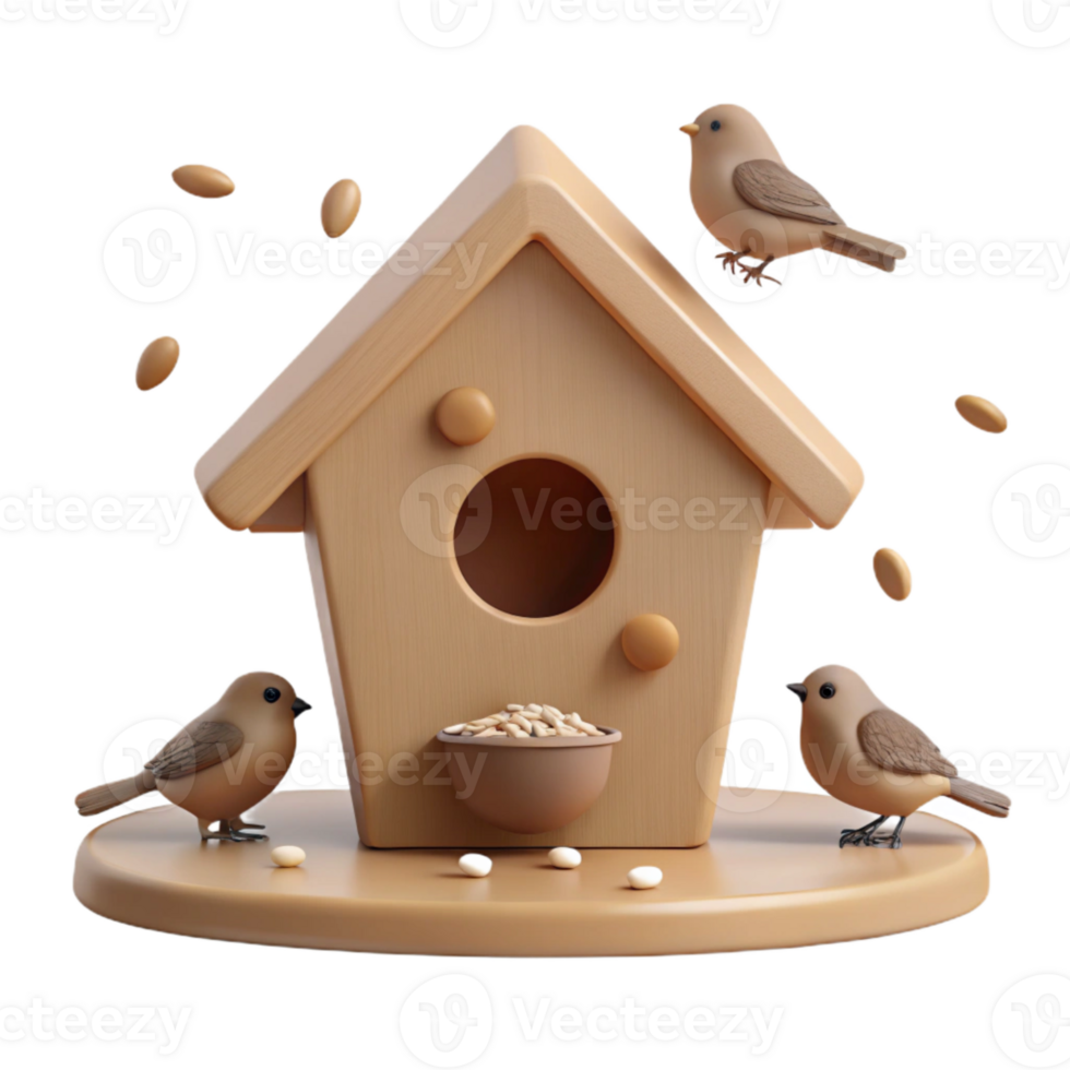 Wooden Birdhouse with Birds and Seeds png
