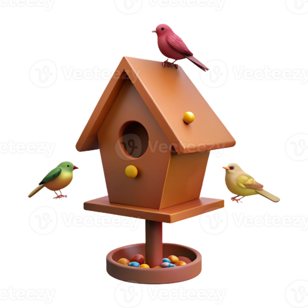 Cute Birdhouse with Three Birds and Colorful Seeds png