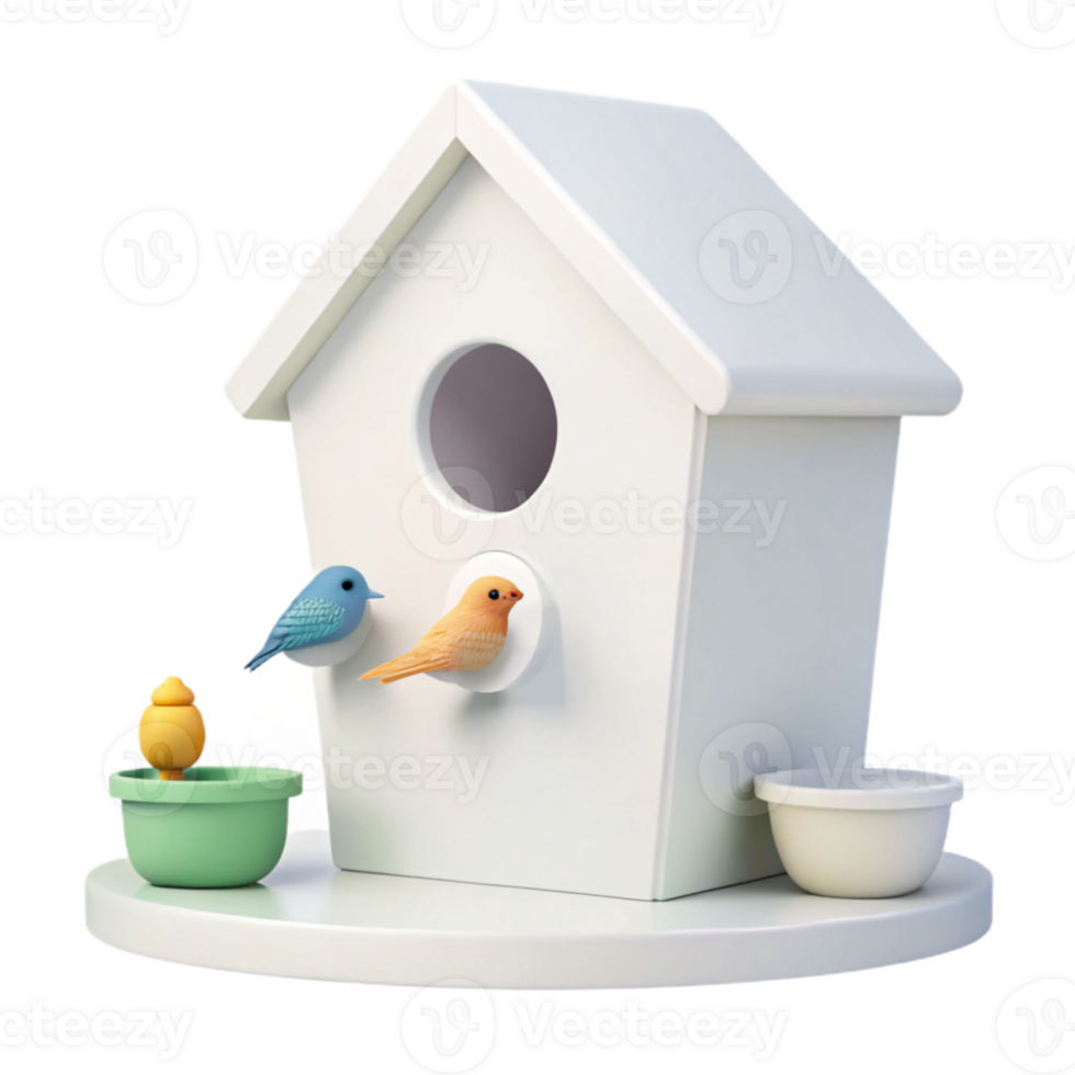 Wooden Birdhouse with Two Birds and a Plant png