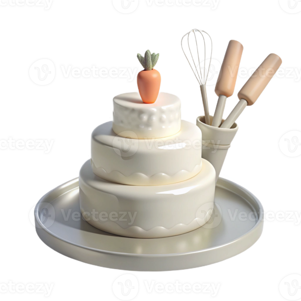 Three Tier Cake with Carrot Topper and Baking Utensils png