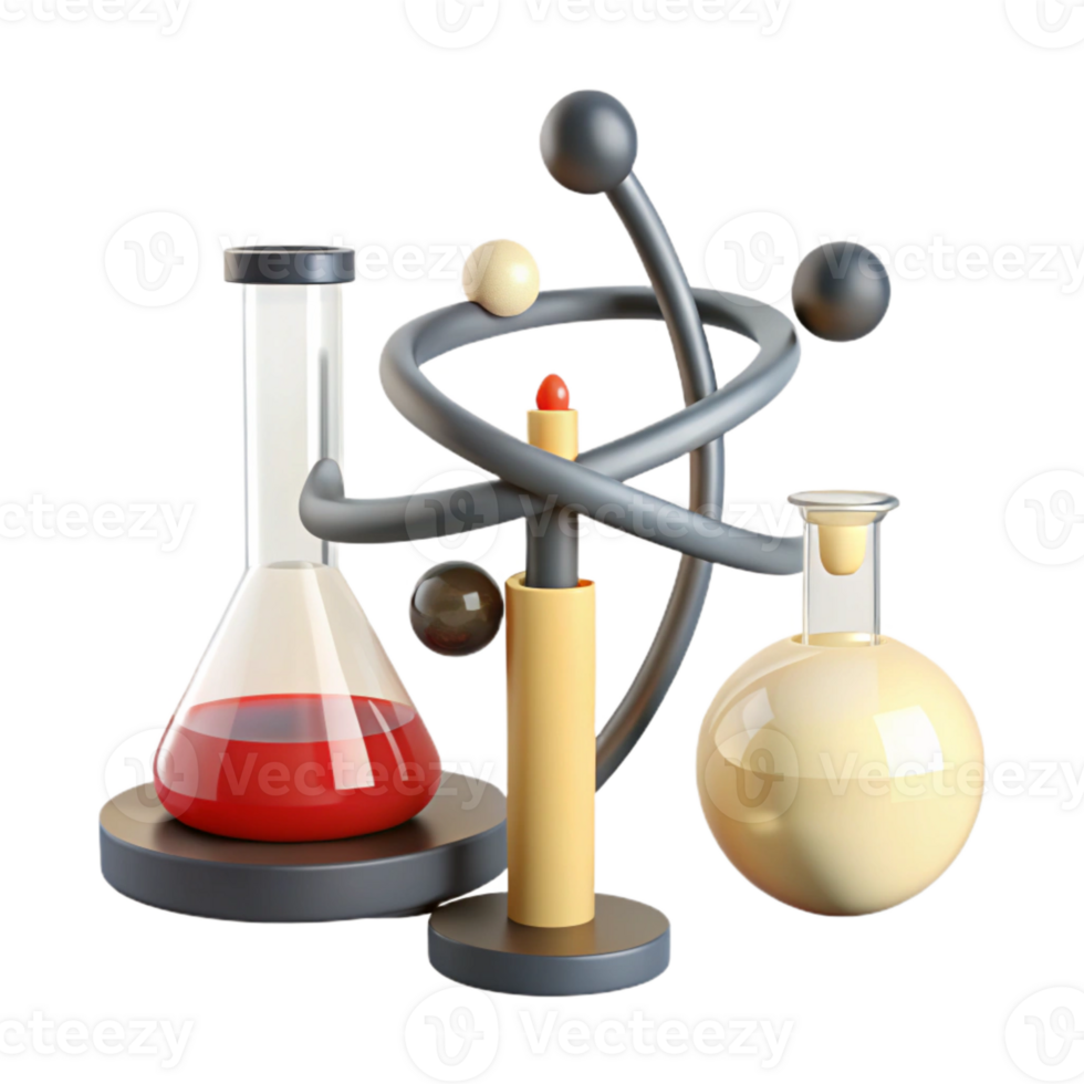 3D Render of a Science Experiment with Beakers and Atomic Model png