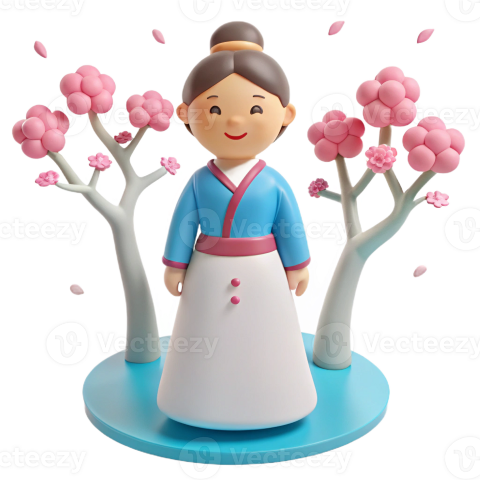 3D Cartoon Illustration of Woman Wearing Traditional Dress with Cherry Blossoms png