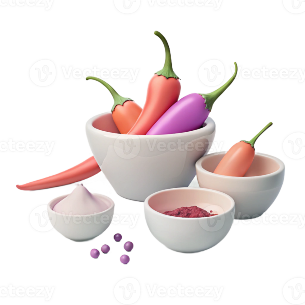 Colorful Peppers, Spices, and Bowls png