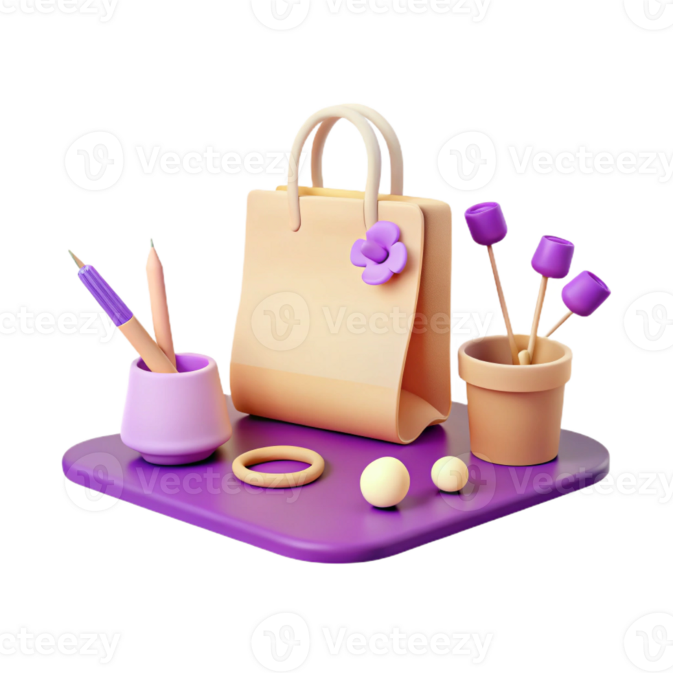 3D Render of a Purple Desk with a Bag, Pens, and Flowers png