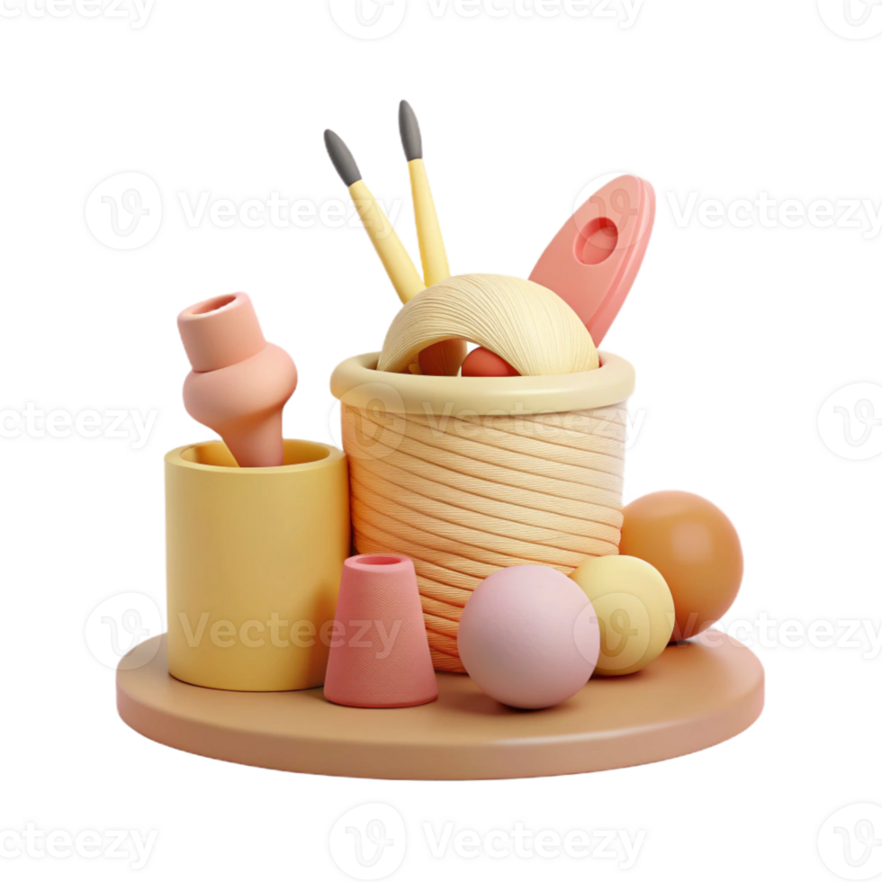 3D Render of a Desk Organizer with a Basket, Pens, and Decorative Objects png