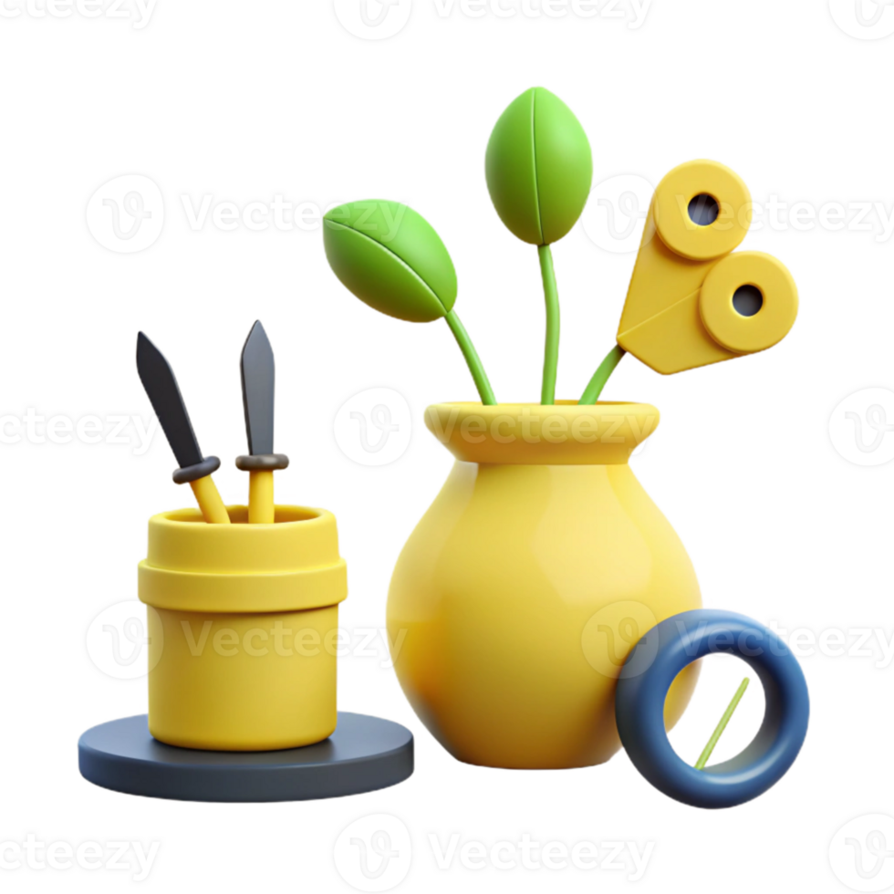 3D Rendered Yellow Vase with Flowers and Pen Holder png