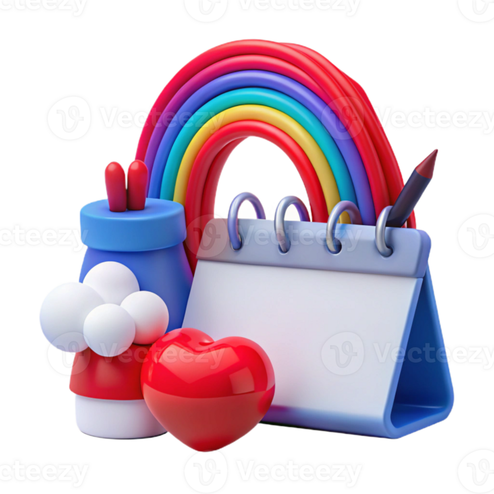 Rainbow, Calendar, Heart, and Pencil 3D Render png
