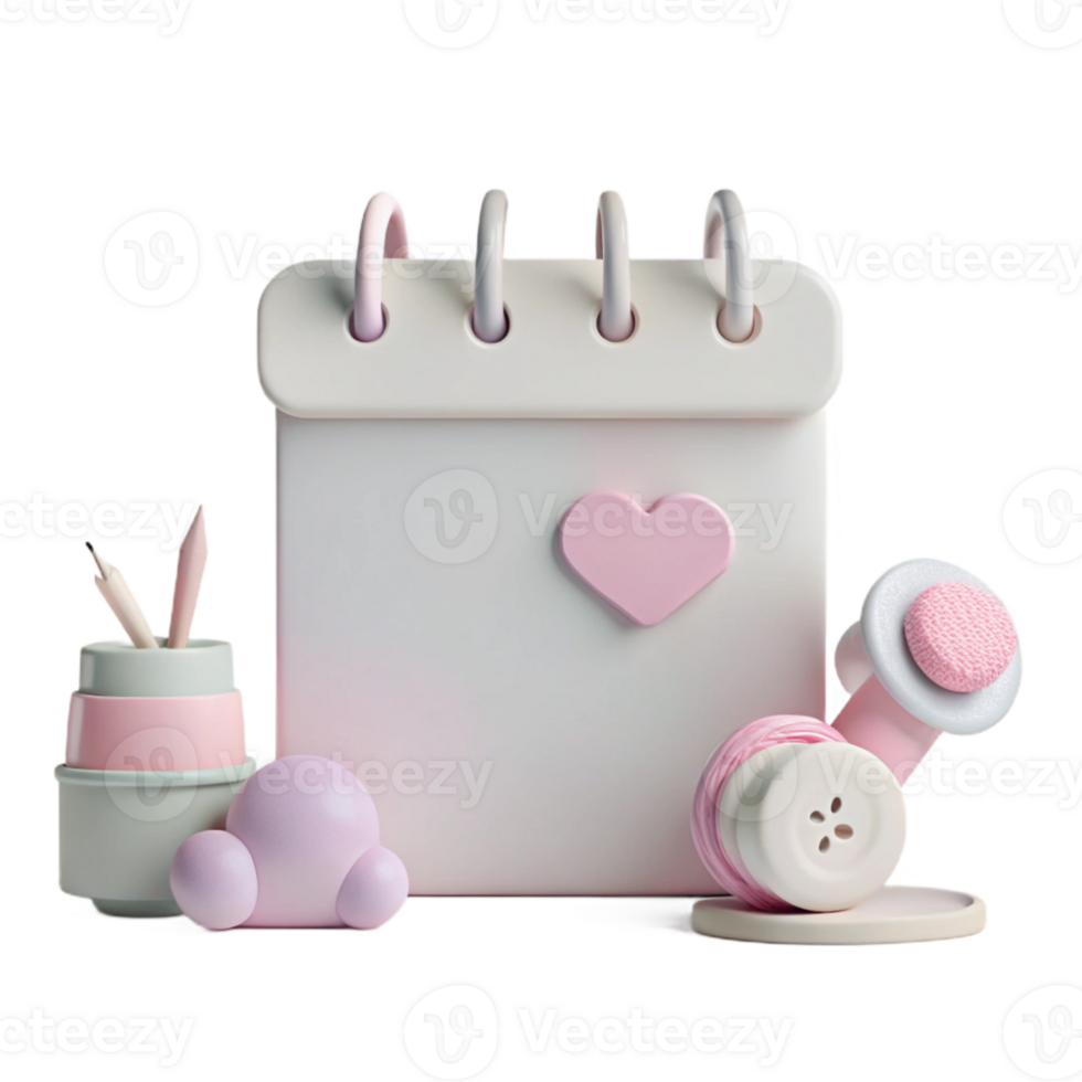 Cute 3D Rendered Calendar with Heart and Stationery png
