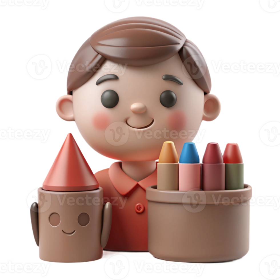 Cute Cartoon Boy with Crayons and Crayon Holder png