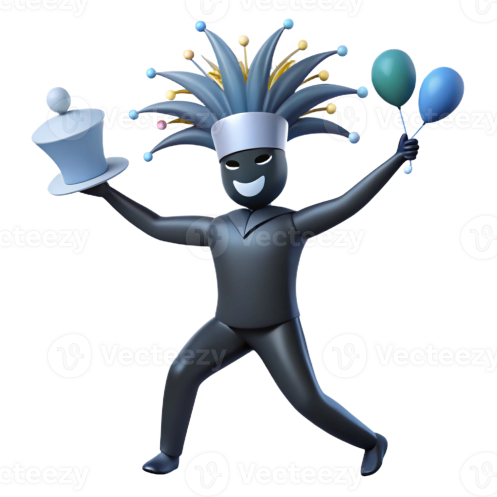 Joyful 3D Character in Jester Hat Holding Balloons and a Hat png