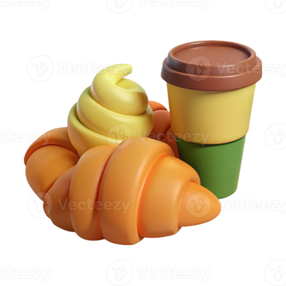 Croissant and Coffee 3D Render png